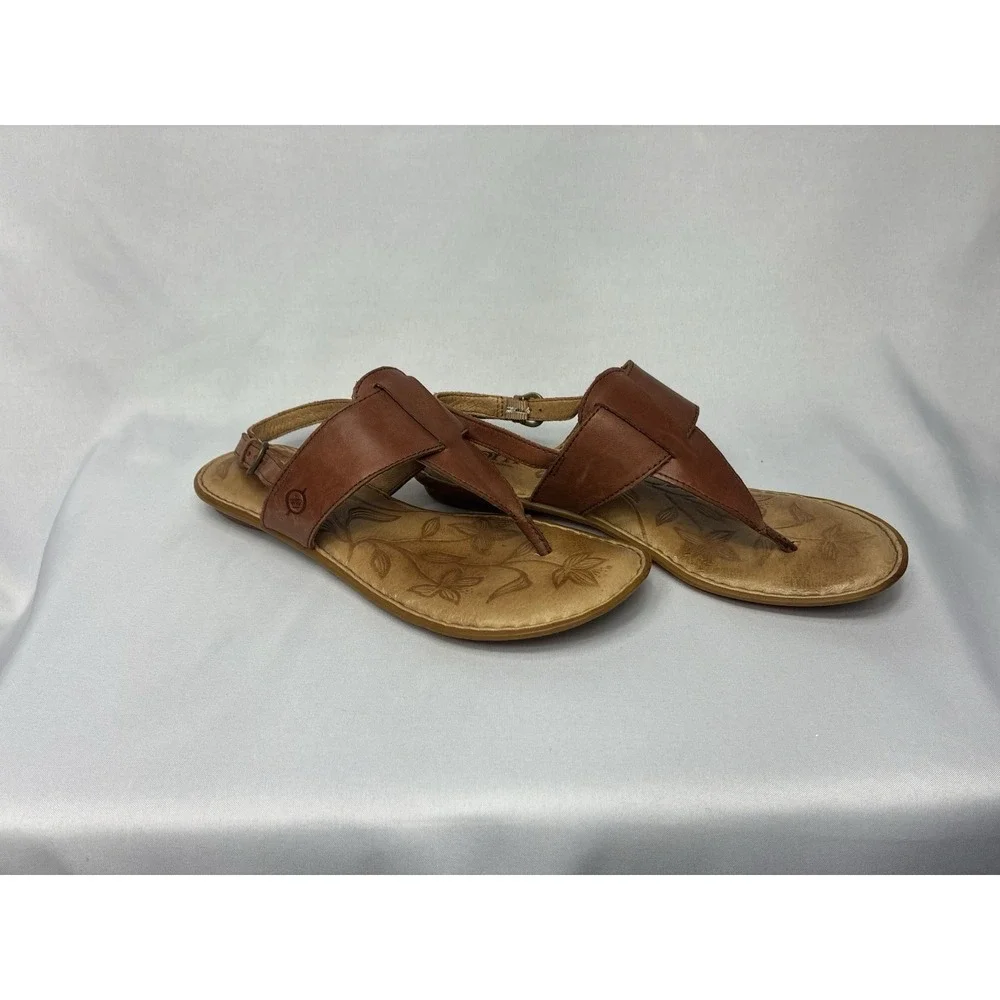 Born Leather Thong Sandals Womens Brown Excellent Floral Embossed Slingback Flat - Picture 4 of 7